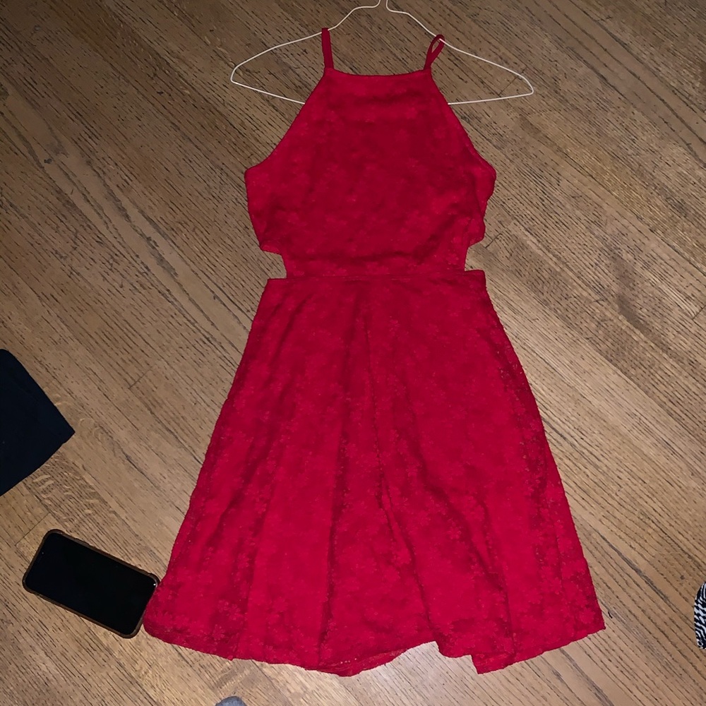 Red lace cutout dress
